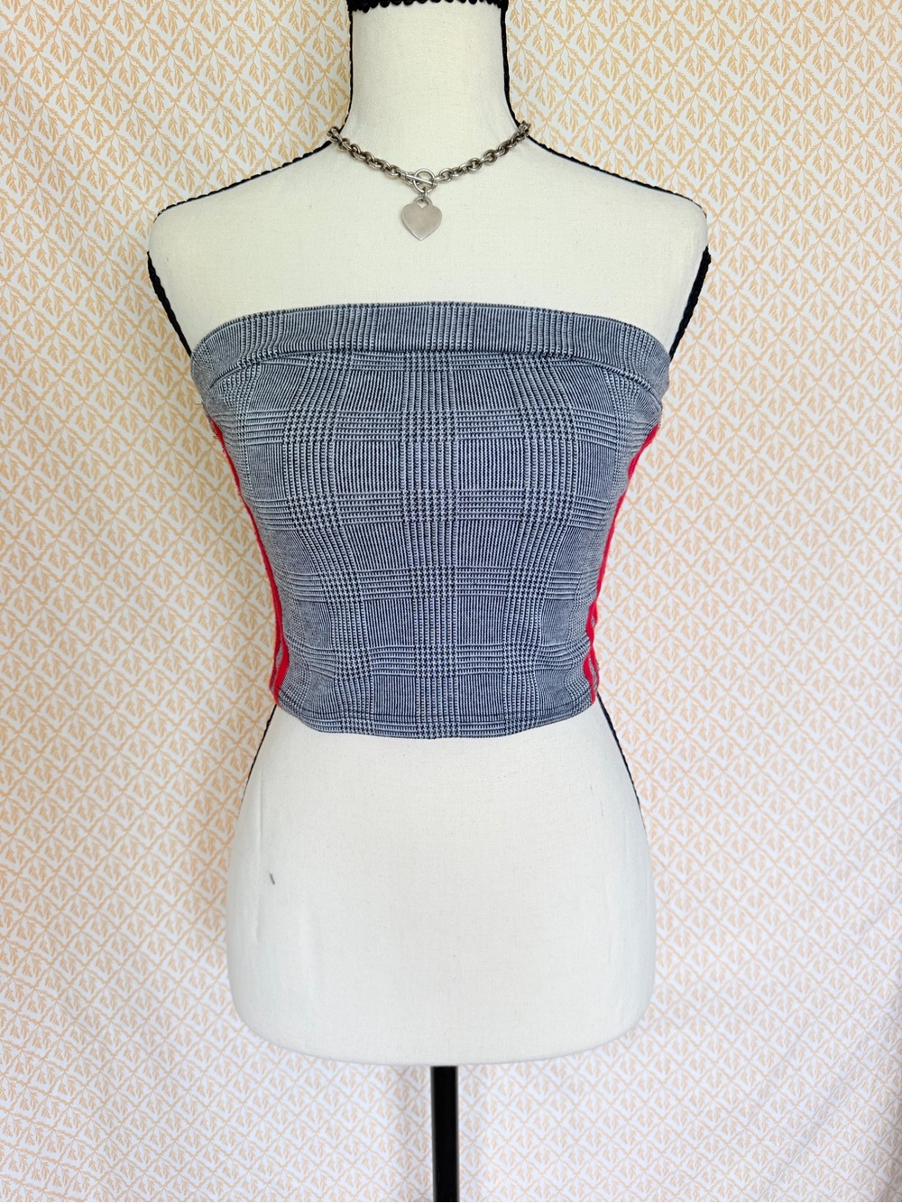 Rue21 Black and White Plaid Crop Top with Red Stripes XS